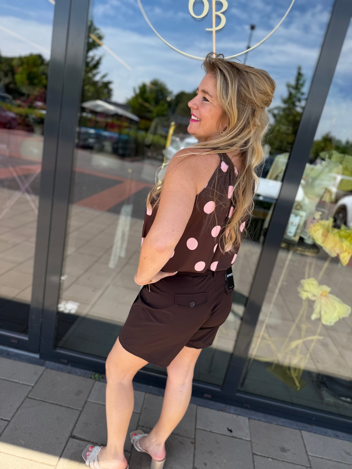 Haltertop Polka bruin/roze