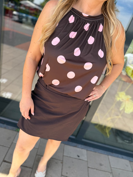 Haltertop Polka bruin/roze