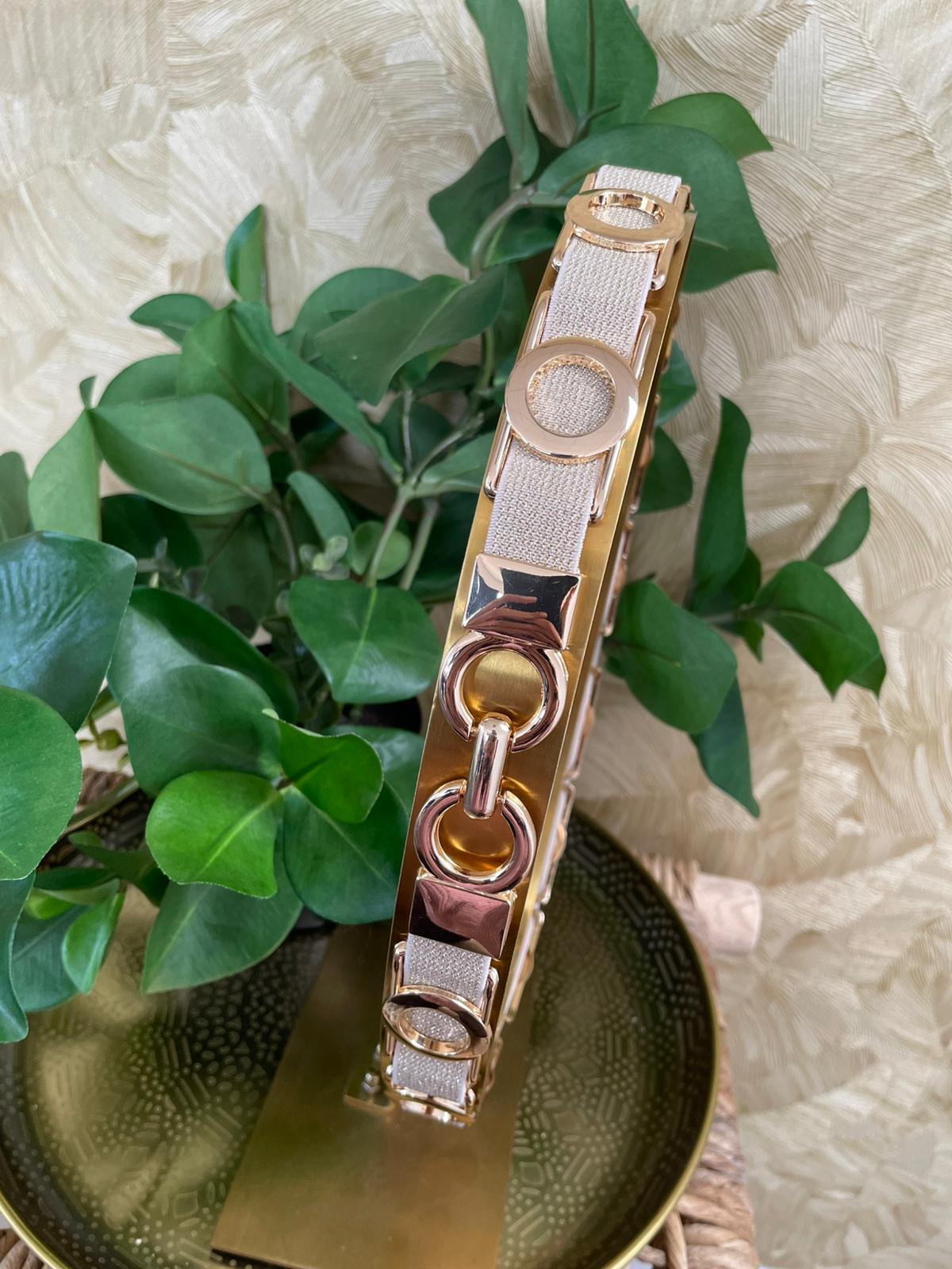 Elastische riem beige + goud rondjes