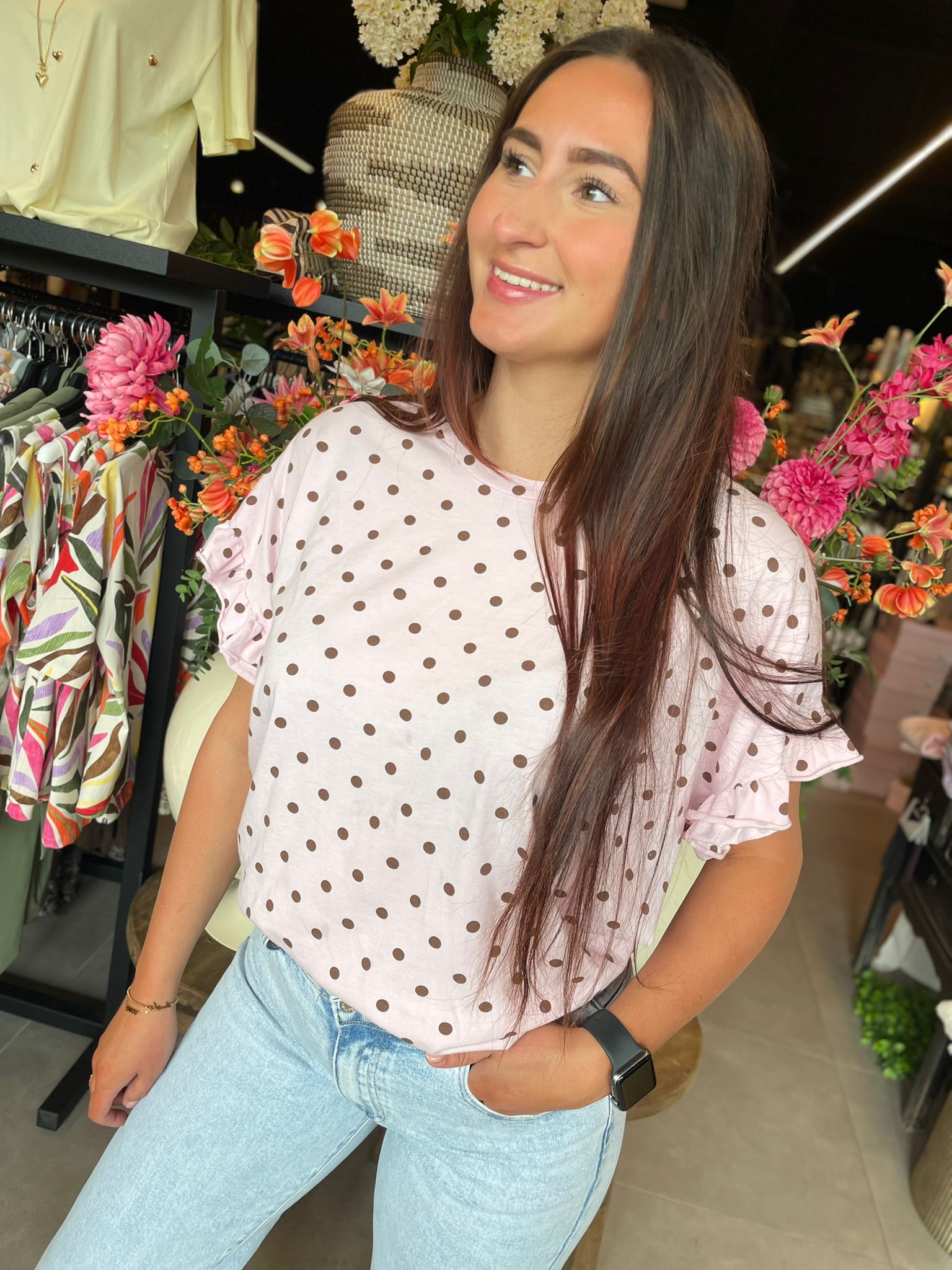 Shirt bolletjes roze bruin