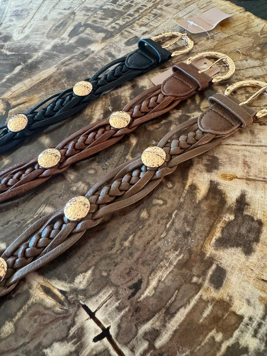Riem vlecht taupe, zwart en cognac