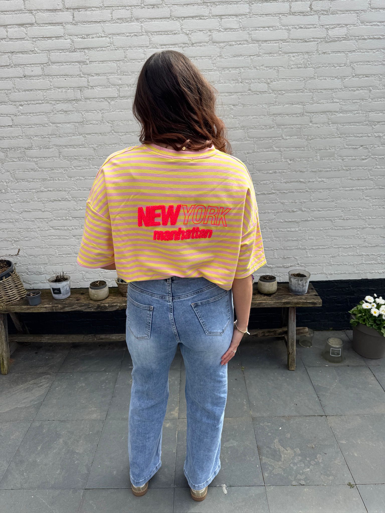 Shirt New York gestreept geel roze