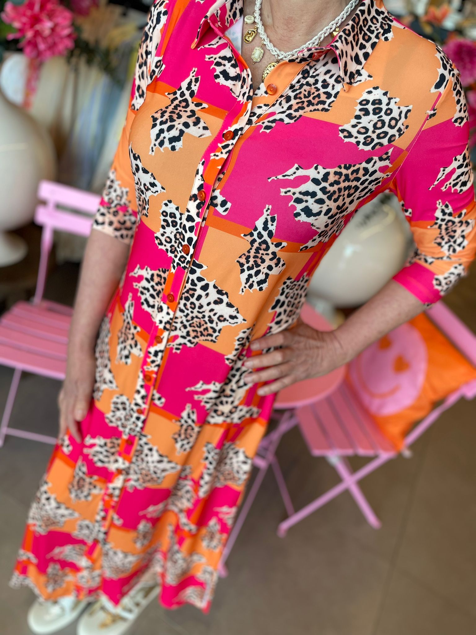 Angelle Milan jurk roze/oranje/panter