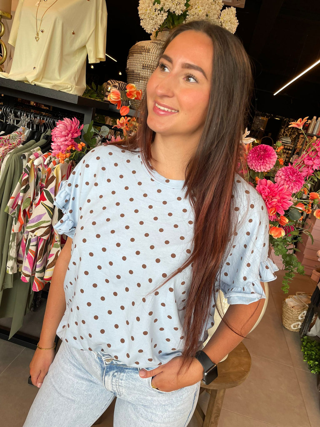 Shirt bolletjes blauw bruin