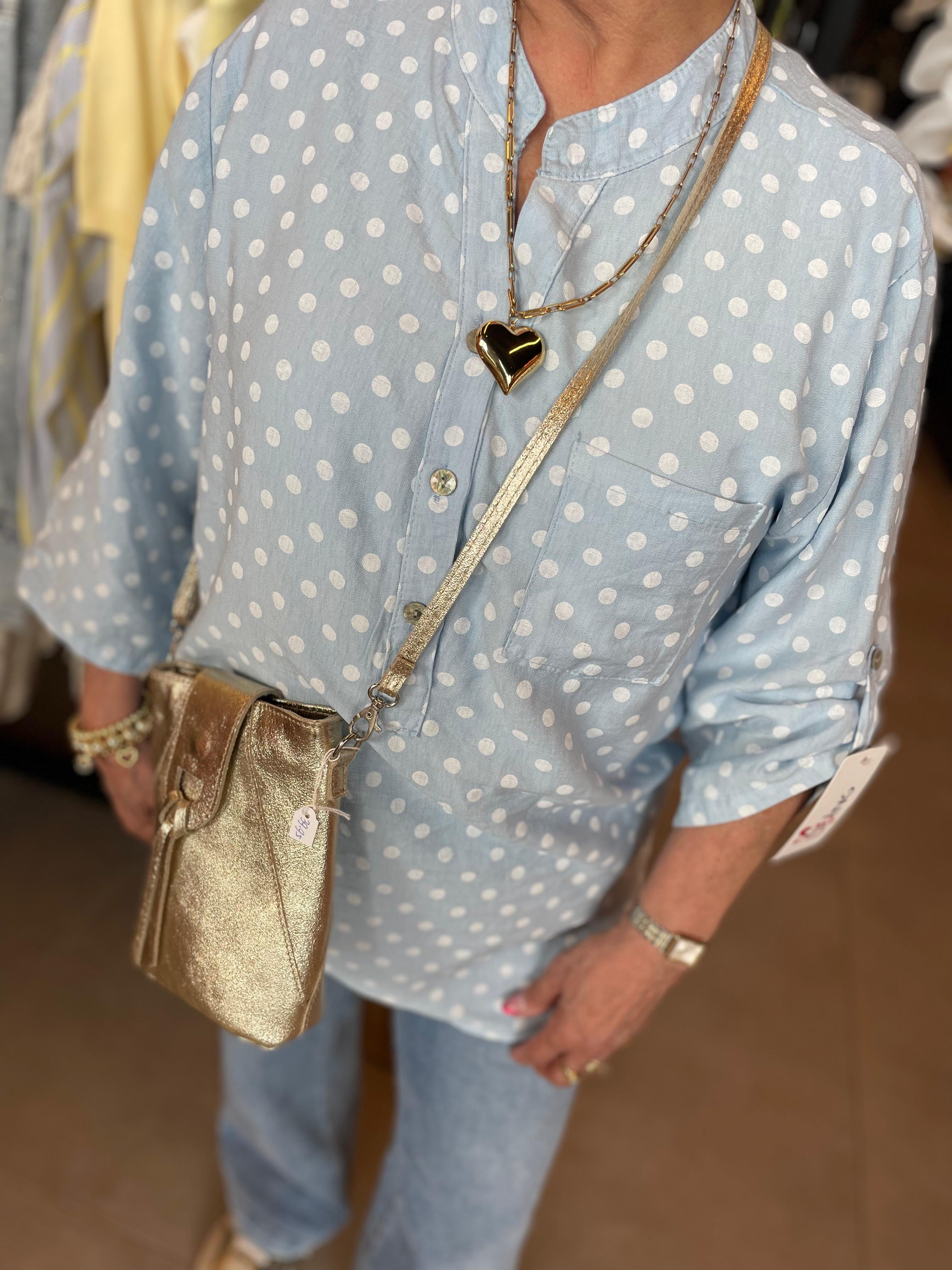 Blouse Loes blauw met witte bollen