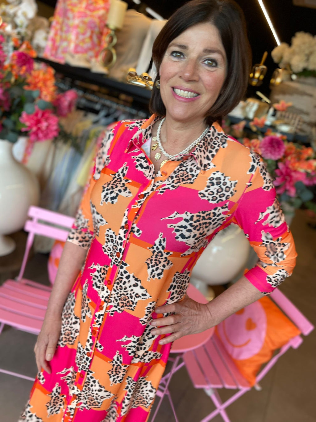 Angelle Milan jurk roze/oranje/panter