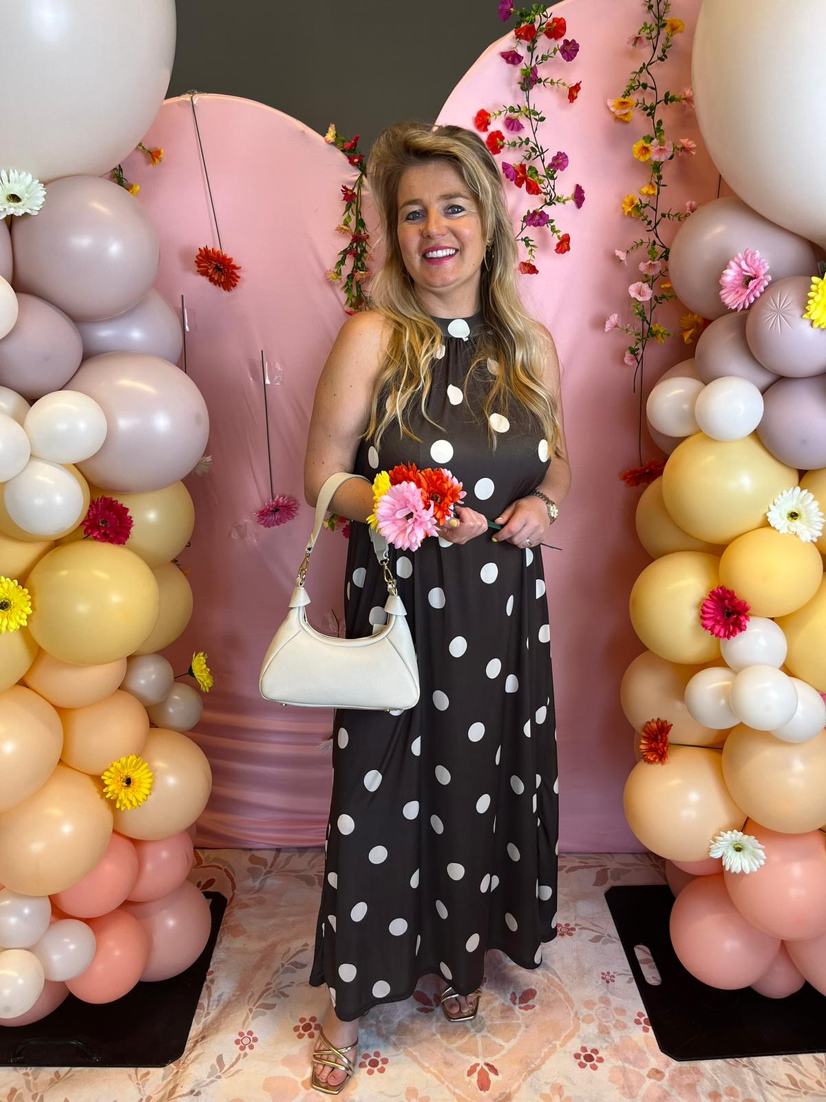 PRE- ORDER Polka dots jurk lang bruin