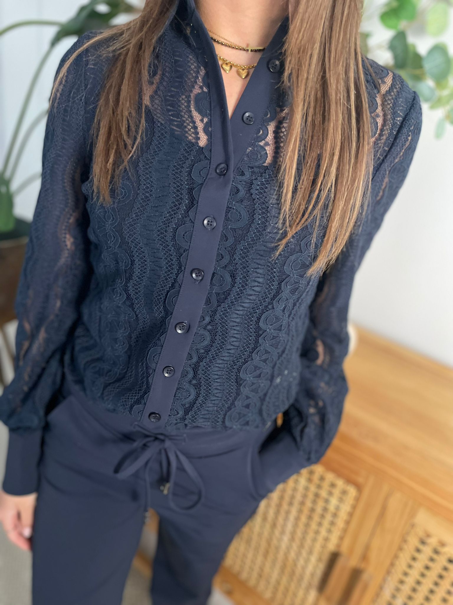 Mi Piace - Kanten blouse donkerblauw