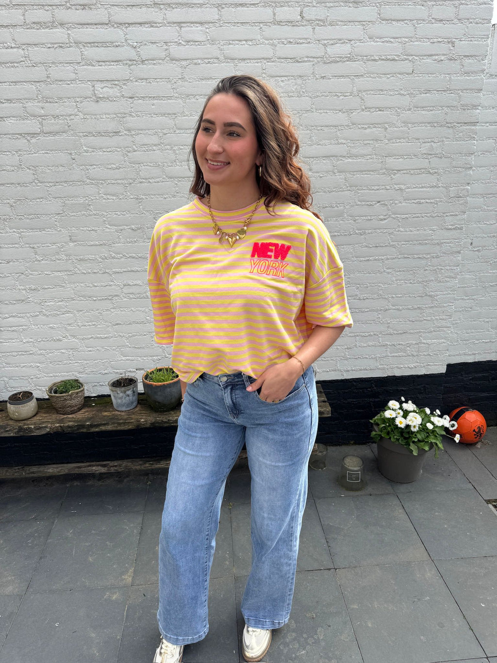 Shirt New York gestreept geel roze
