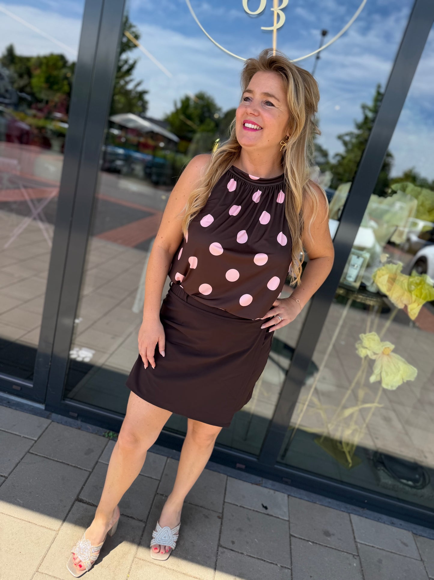 Haltertop Polka bruin/roze