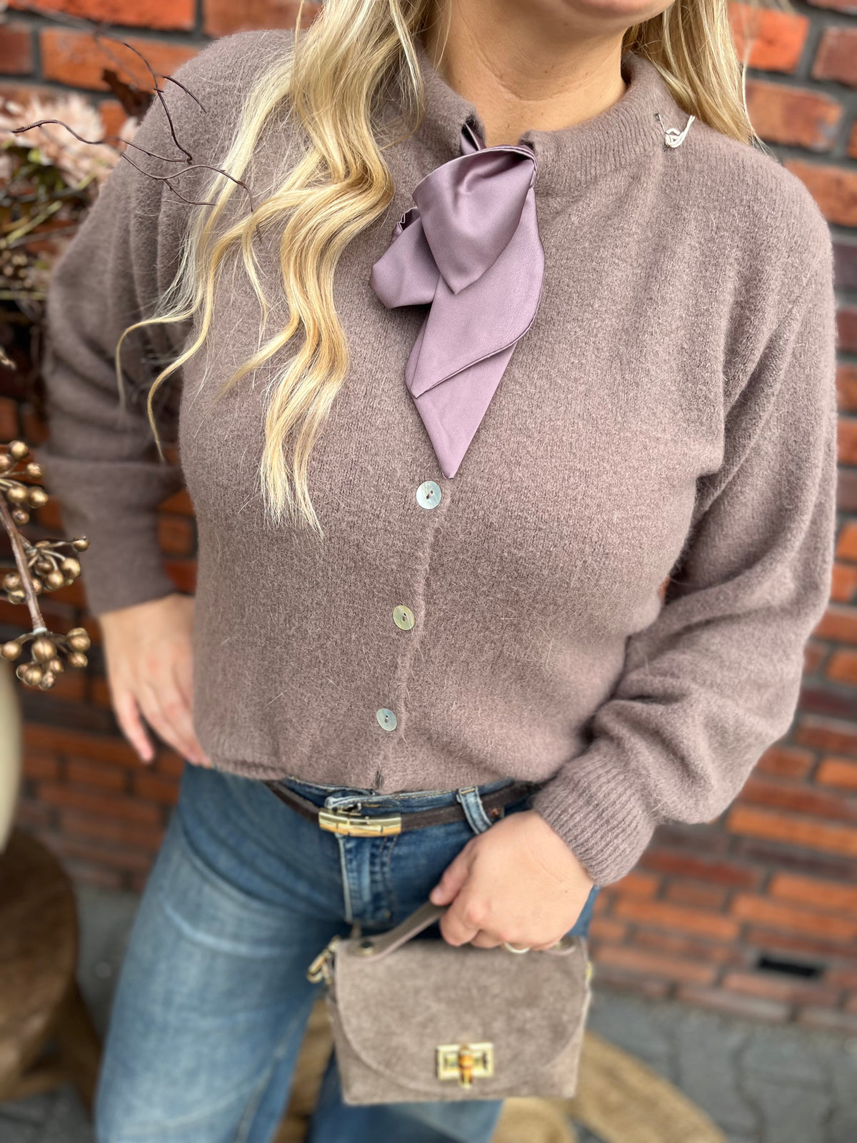 Vestje alpaca taupe met strik