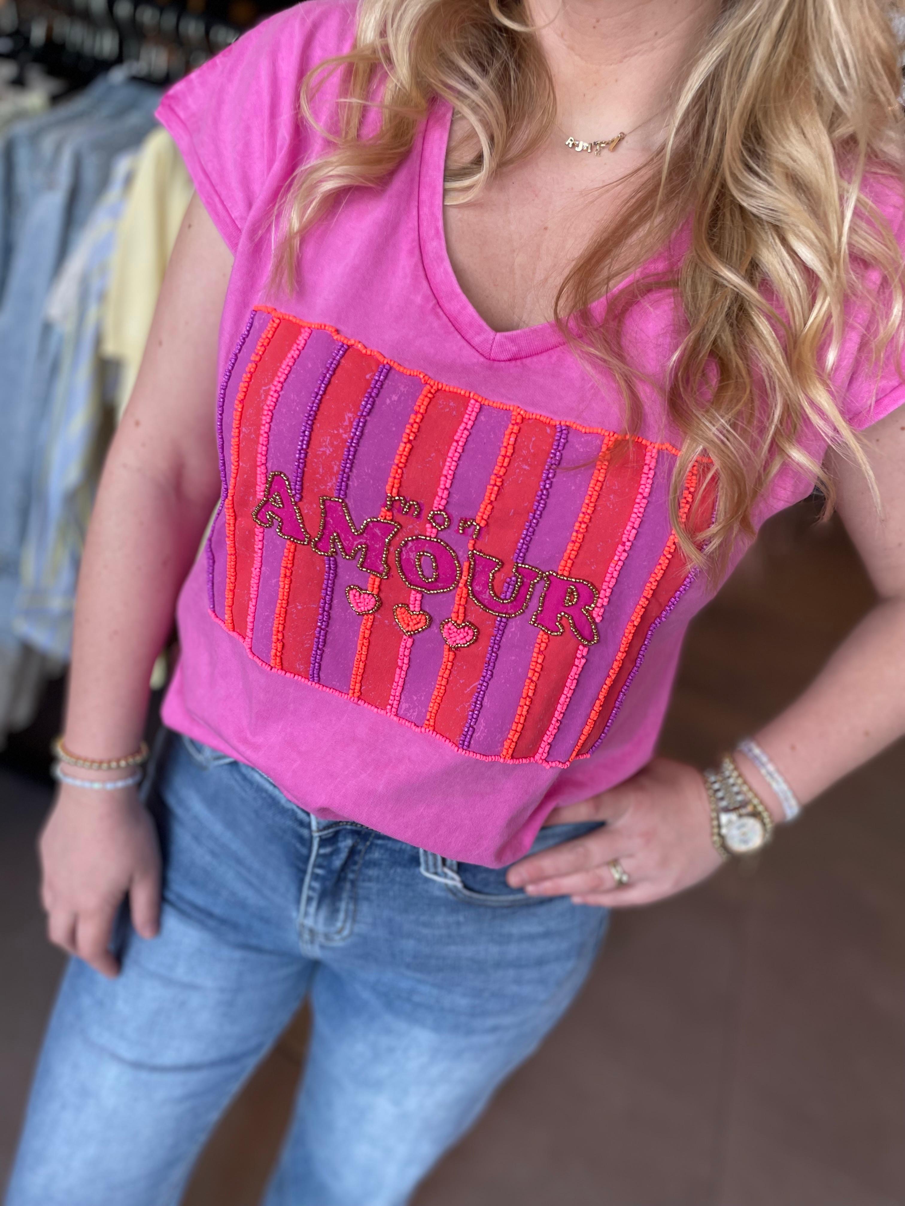 T-shirt Mon Amour kraal roze