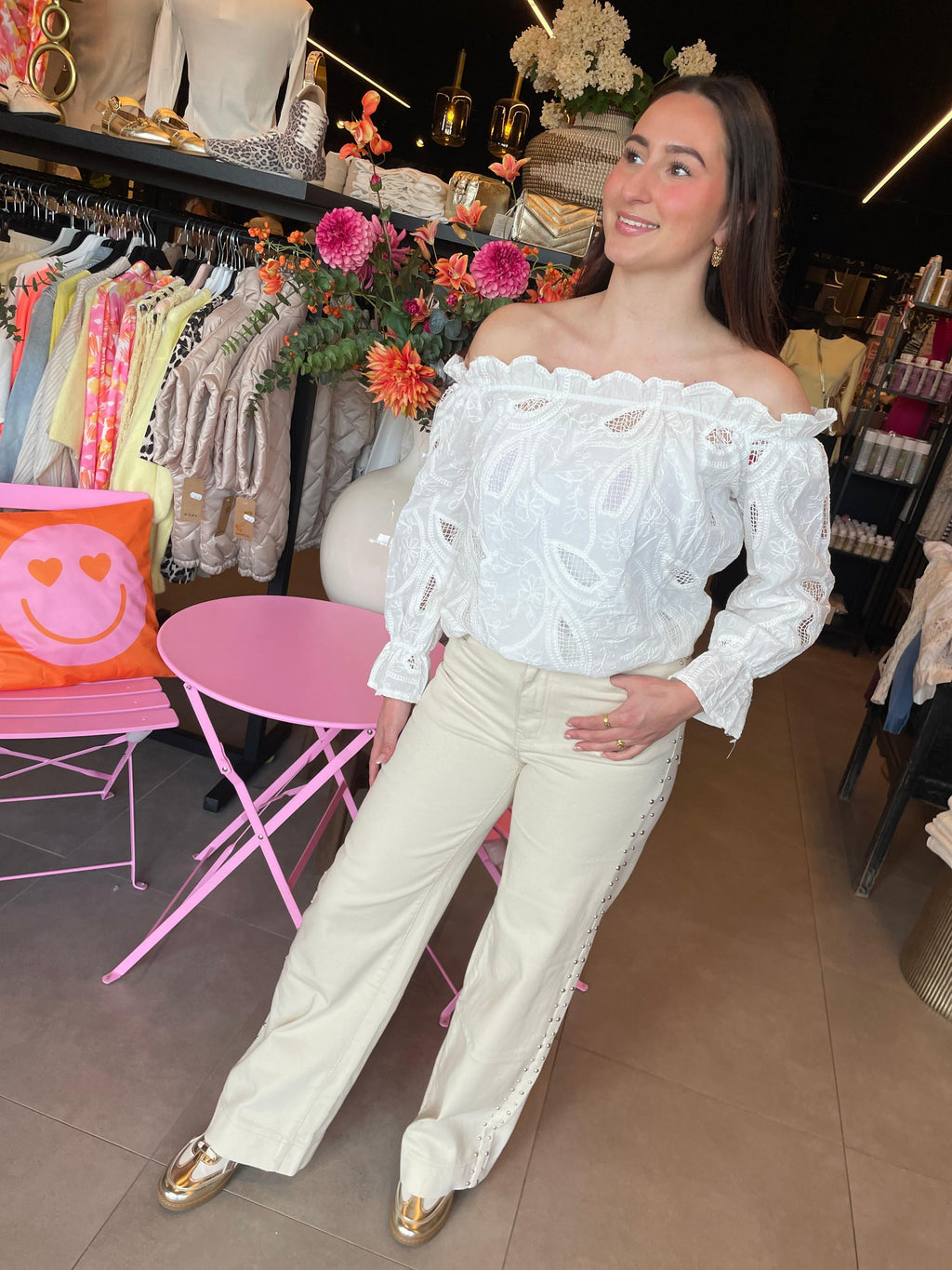 Jeans extra lang Lieke beige met studs Y3329-7