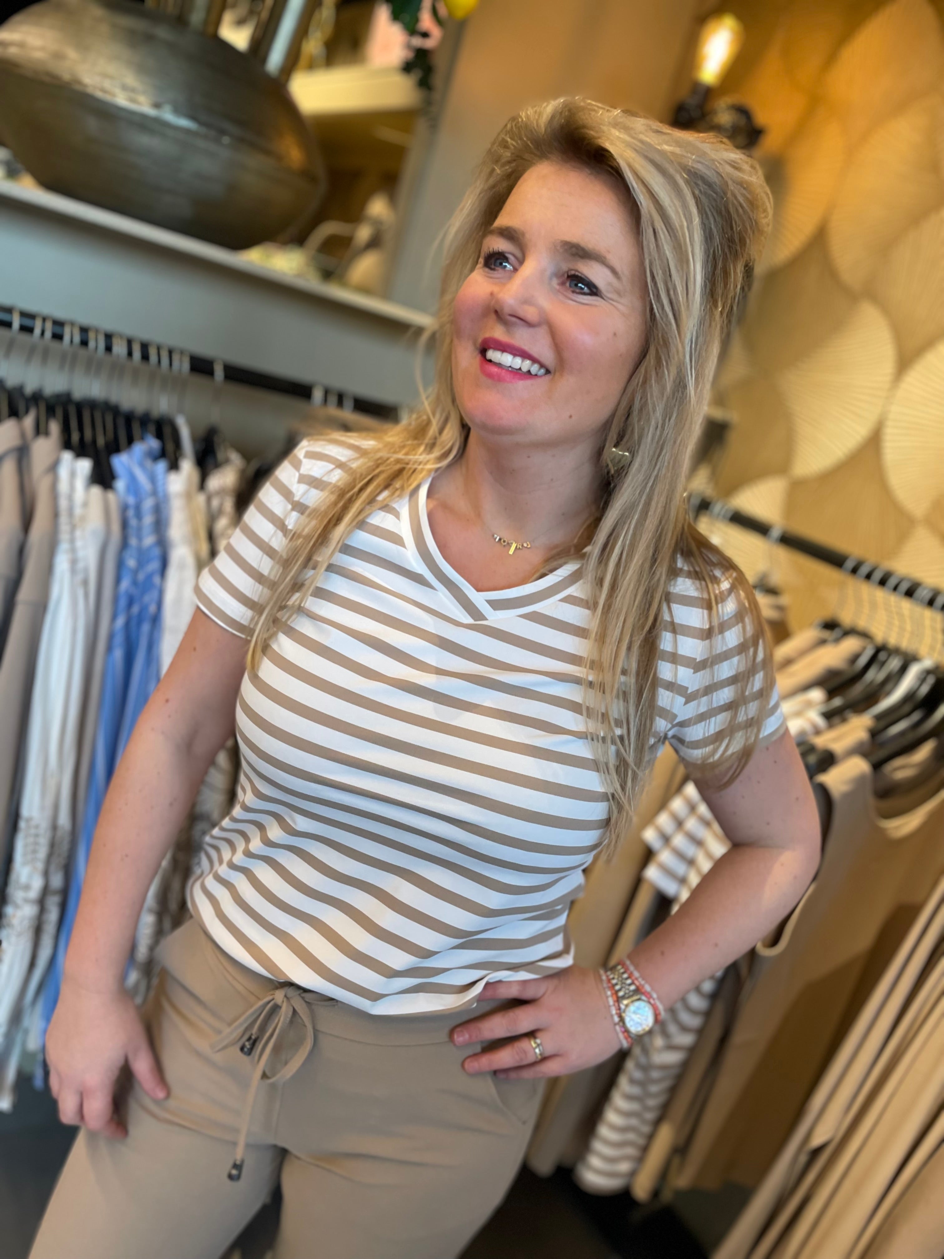 Mi Piace - travelstof shirt latte/white streep 202080