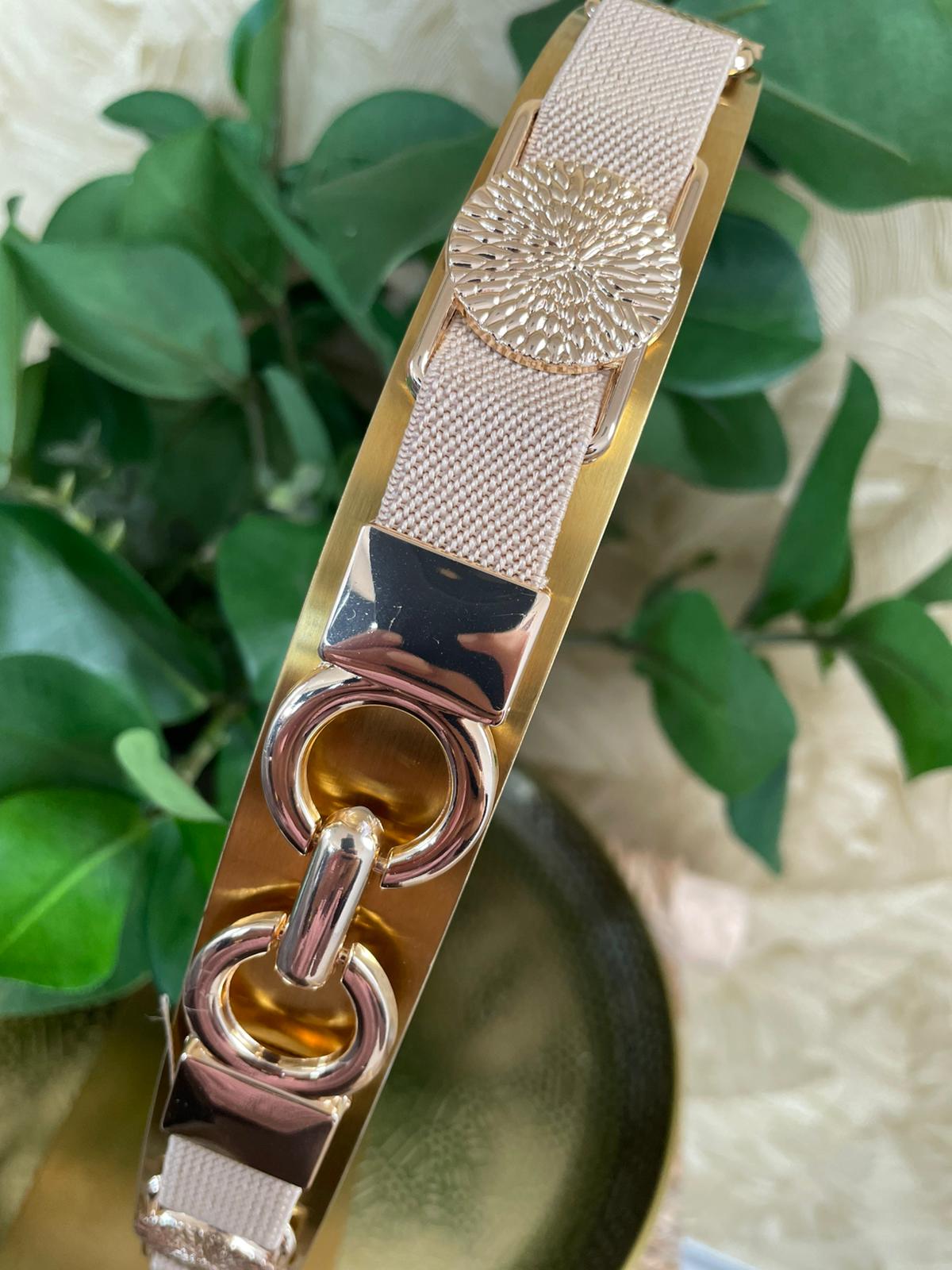Elastische riem beige + goud met motief