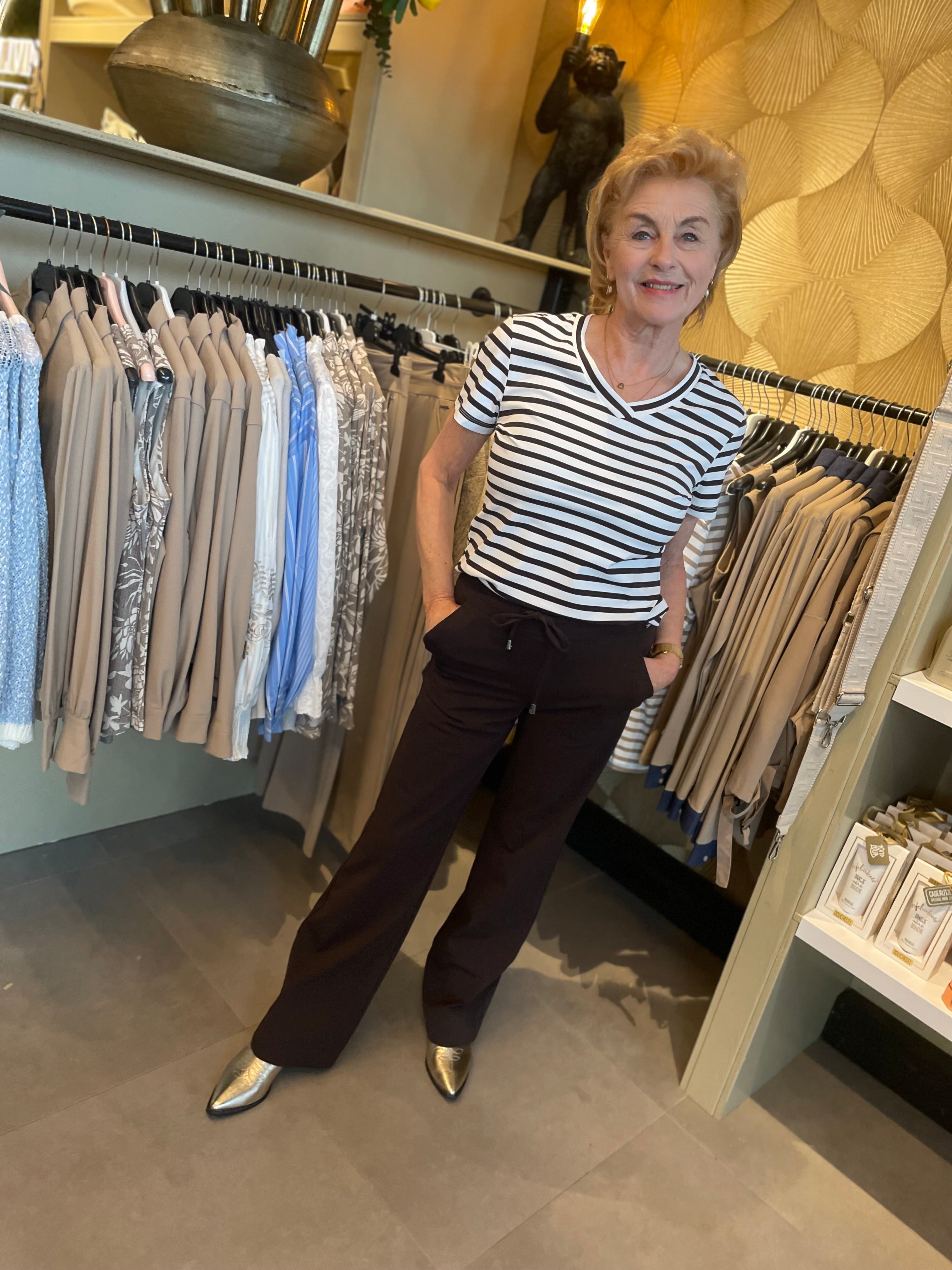 Mi Piace - travelstof shirt espresso/white streep 202080