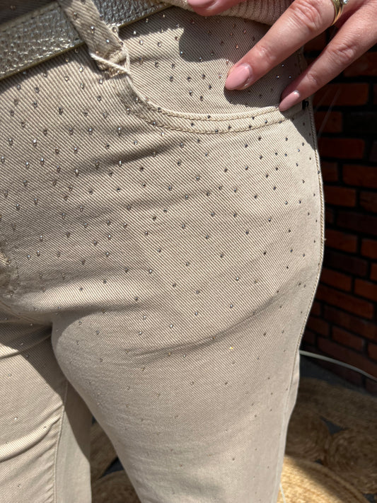 Beige jeans met steentjes