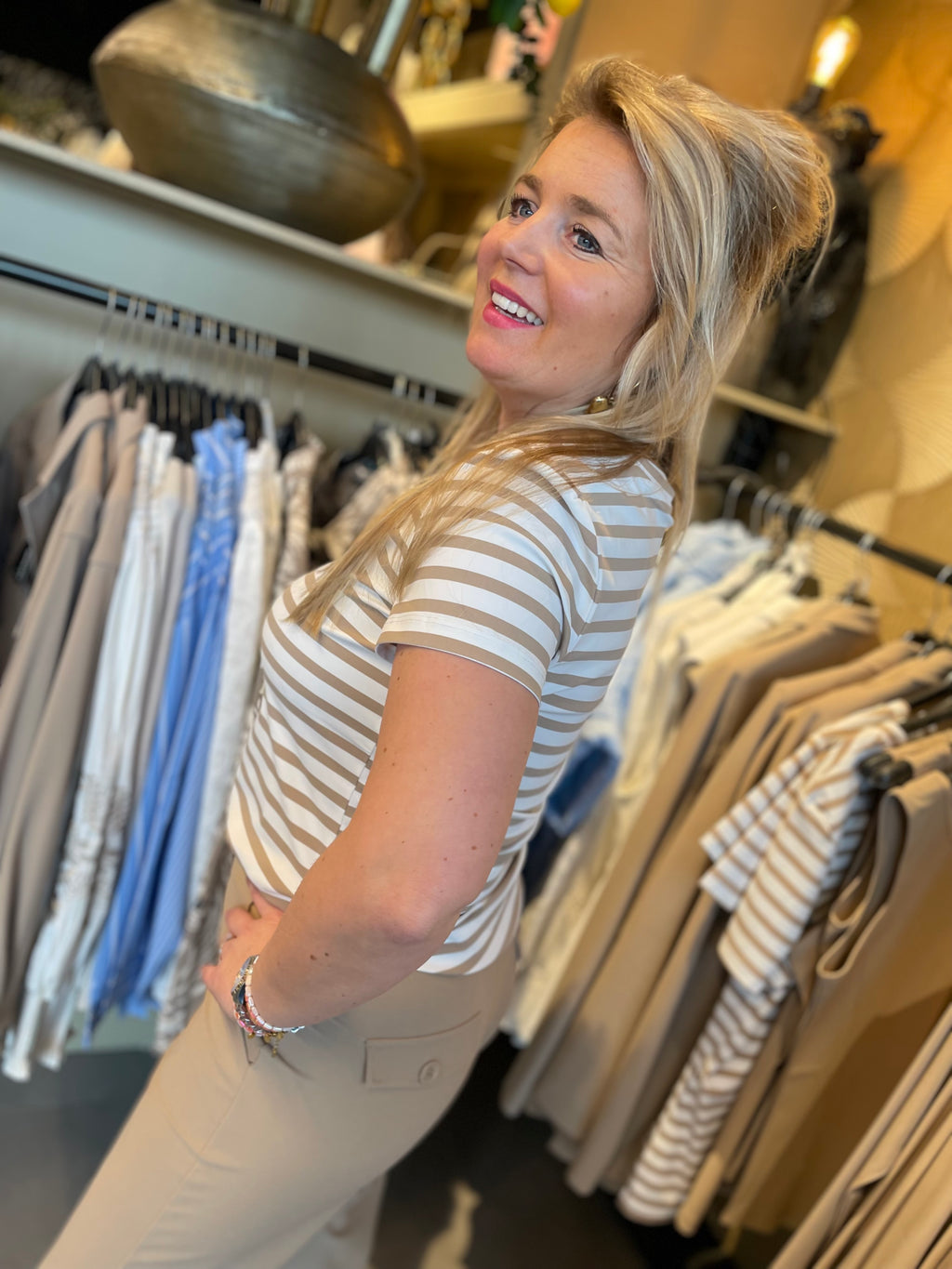 Mi Piace - travelstof shirt latte/white streep 202080