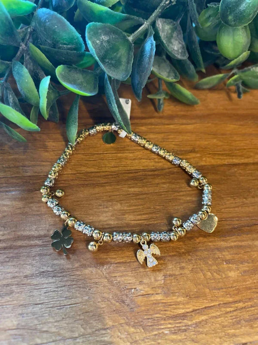 Elastieken armband zilver/goud met bedels