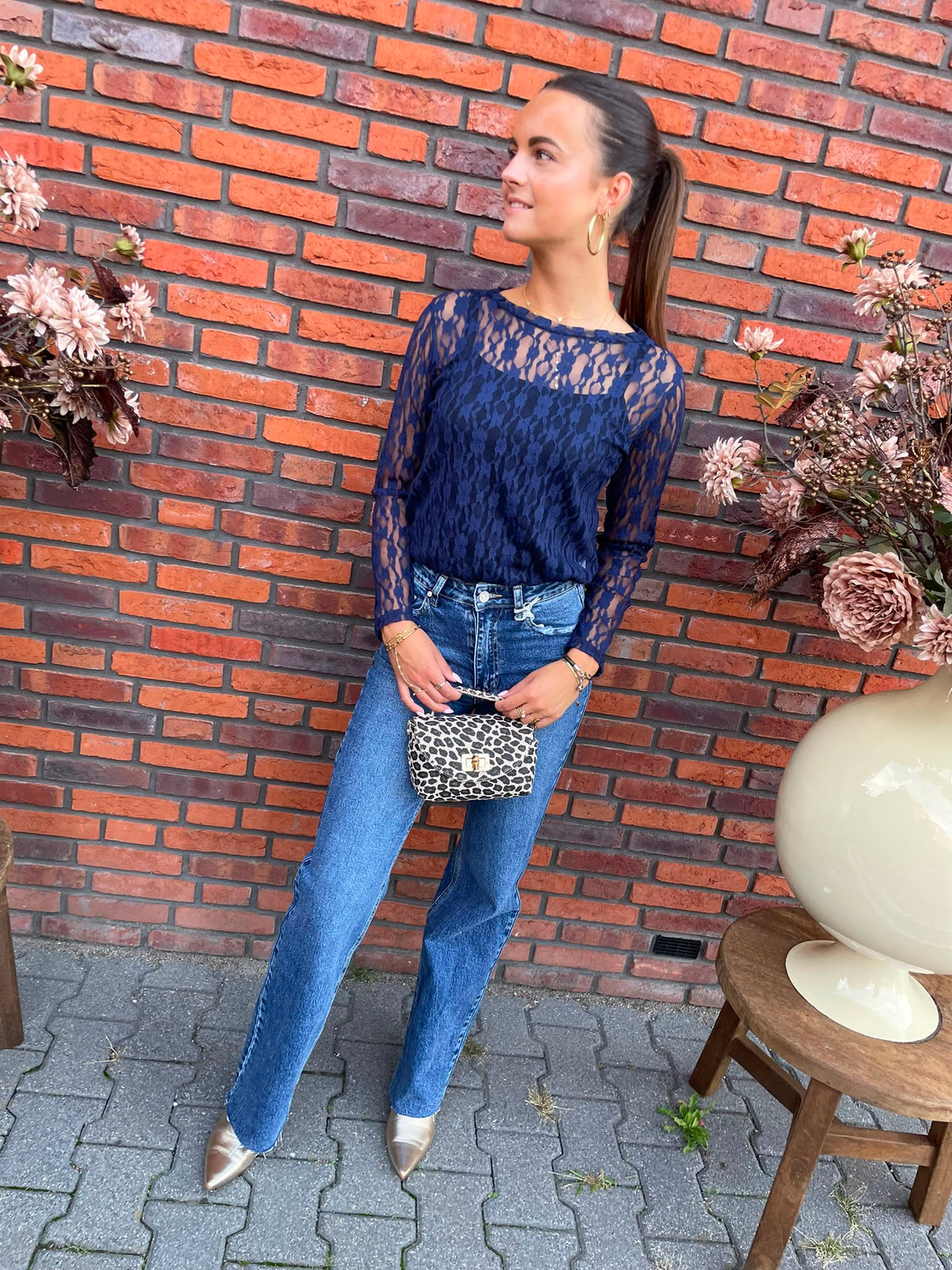 Top Jave kanten top donkerblauw
