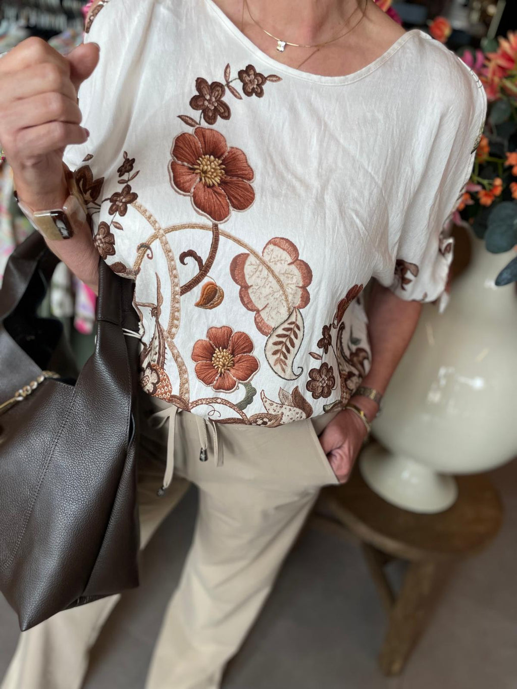 Blouse open schouder reva roestbruin