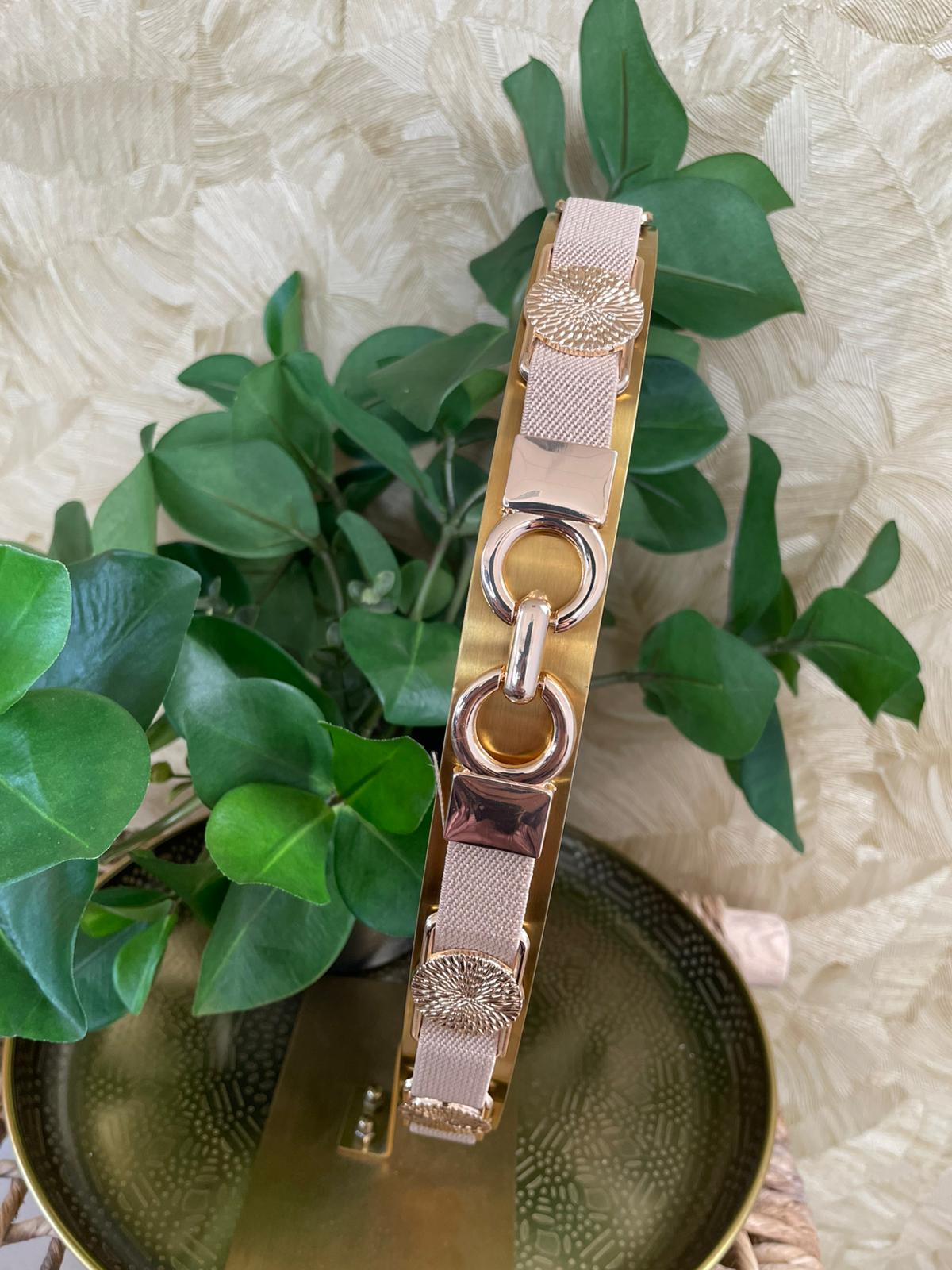 Elastische riem beige + goud met motief