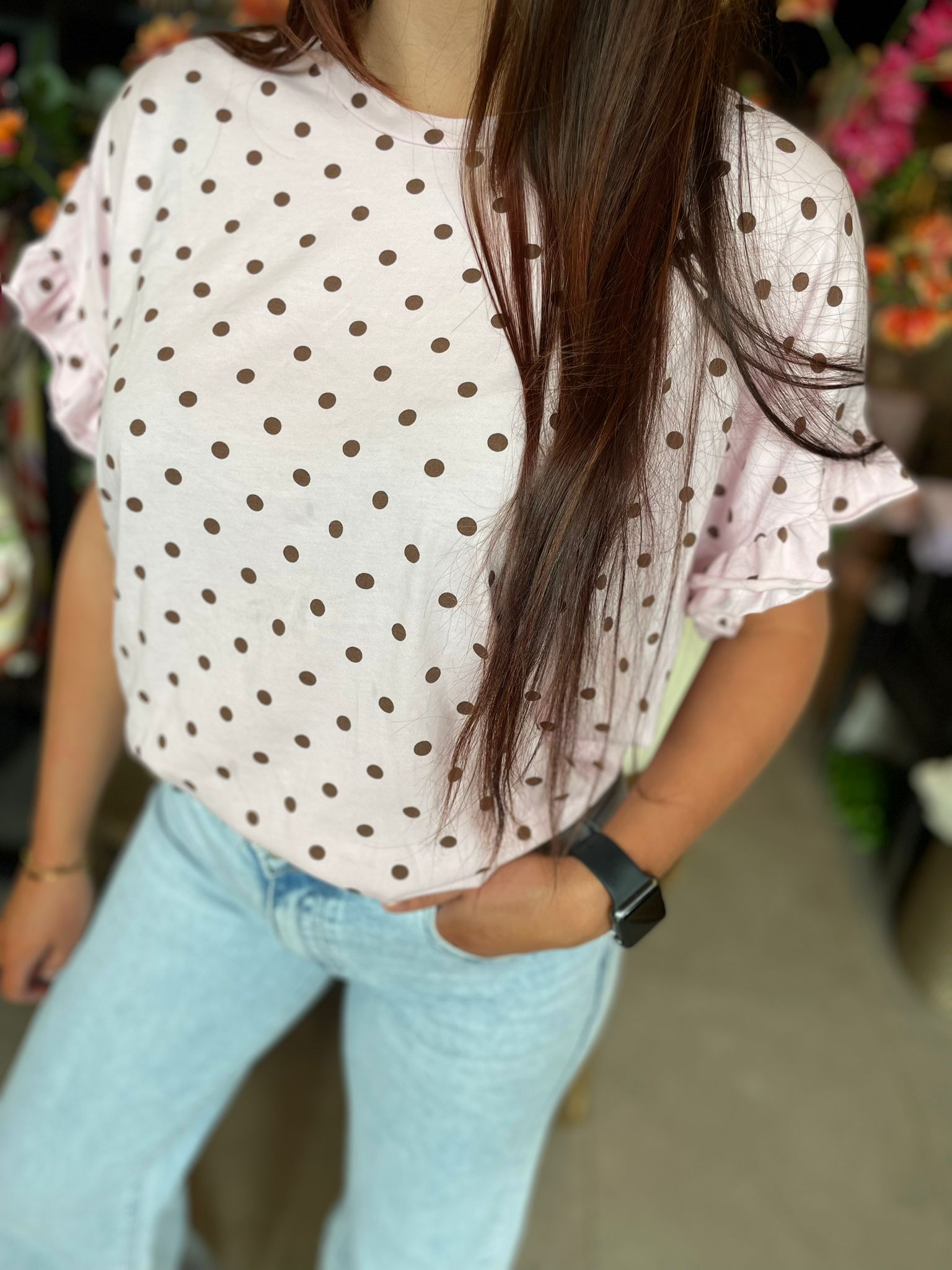Shirt bolletjes roze bruin