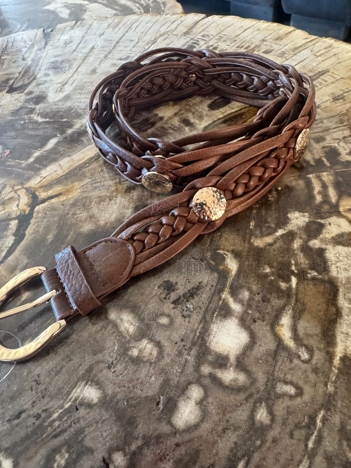 Riem vlecht taupe, zwart en cognac