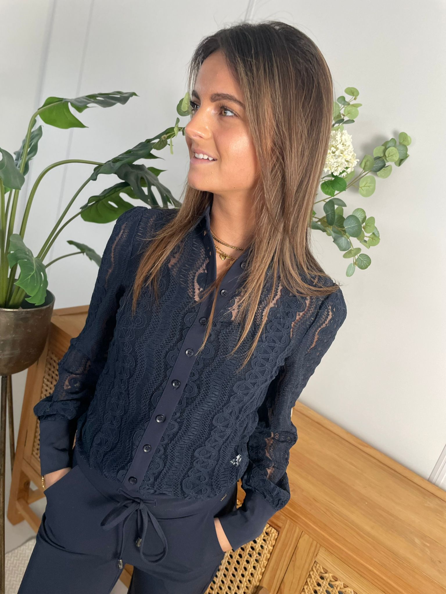 Mi Piace - Kanten blouse donkerblauw