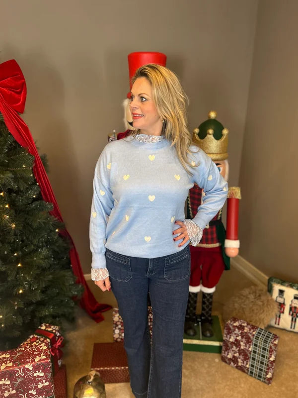 Trui blauw met witte hartjes