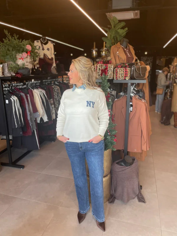 New York trui beige met blauw