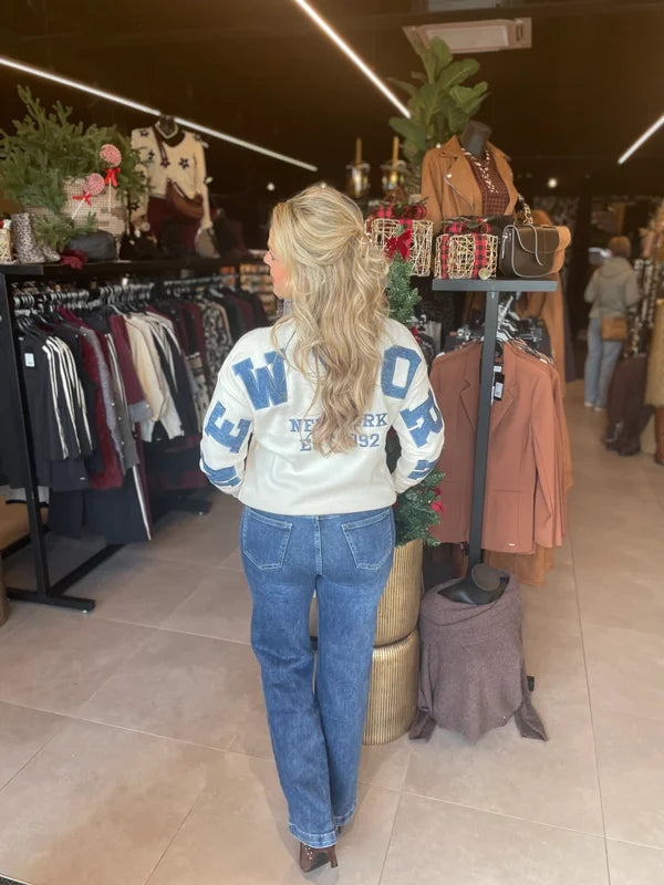 New York trui beige met blauw