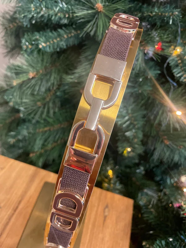 Elastische riem bruin met goud detail.