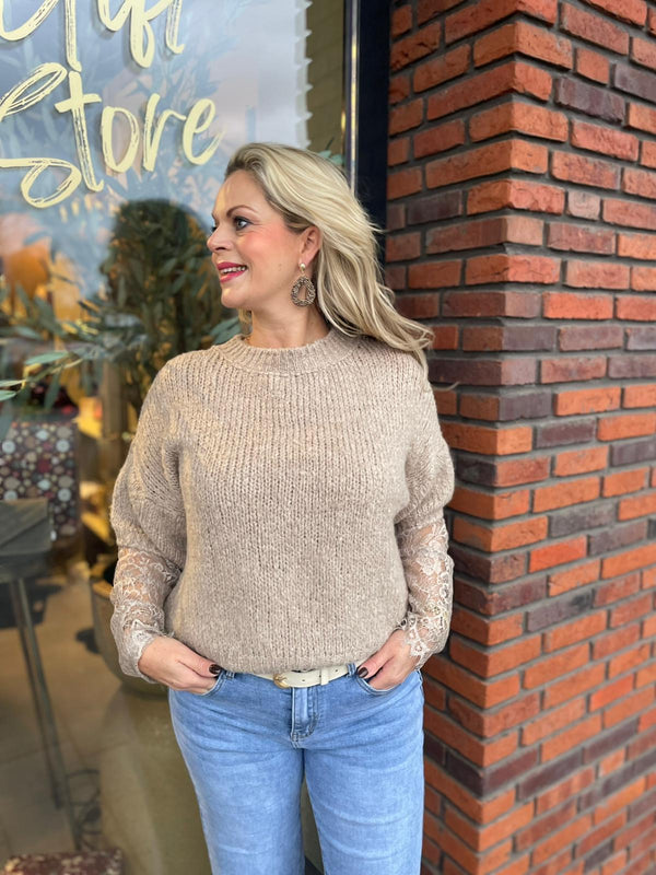 Trui met kanten mouwen taupe