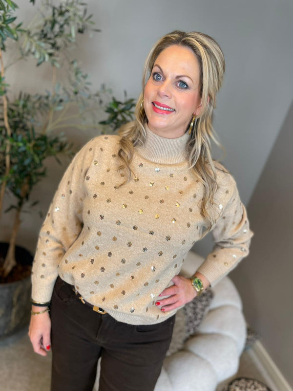 Trui glitter pailletten beige
