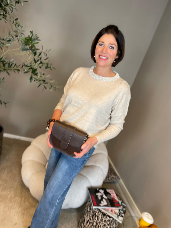 Trui glitter hals taupe