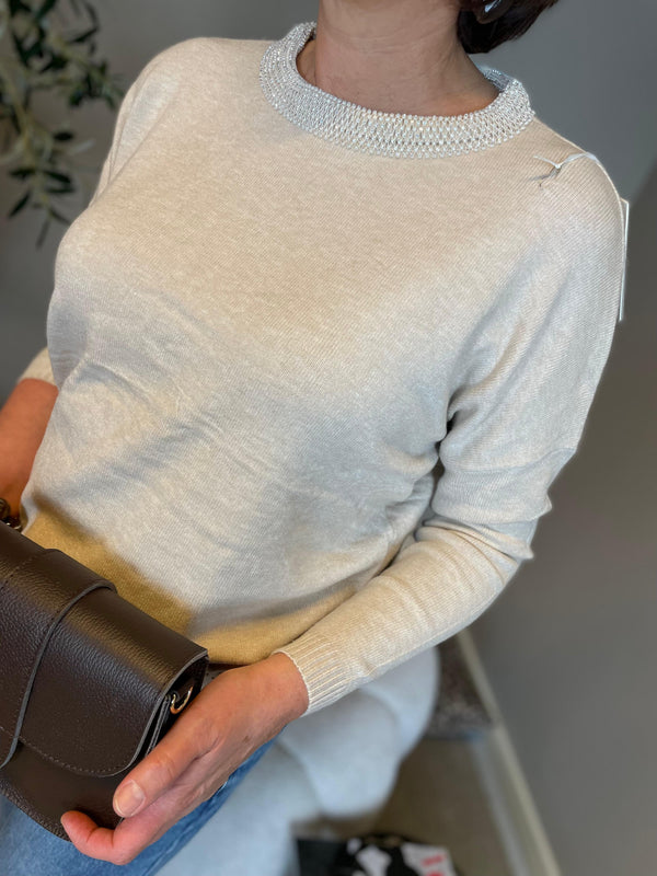 Trui glitter hals taupe