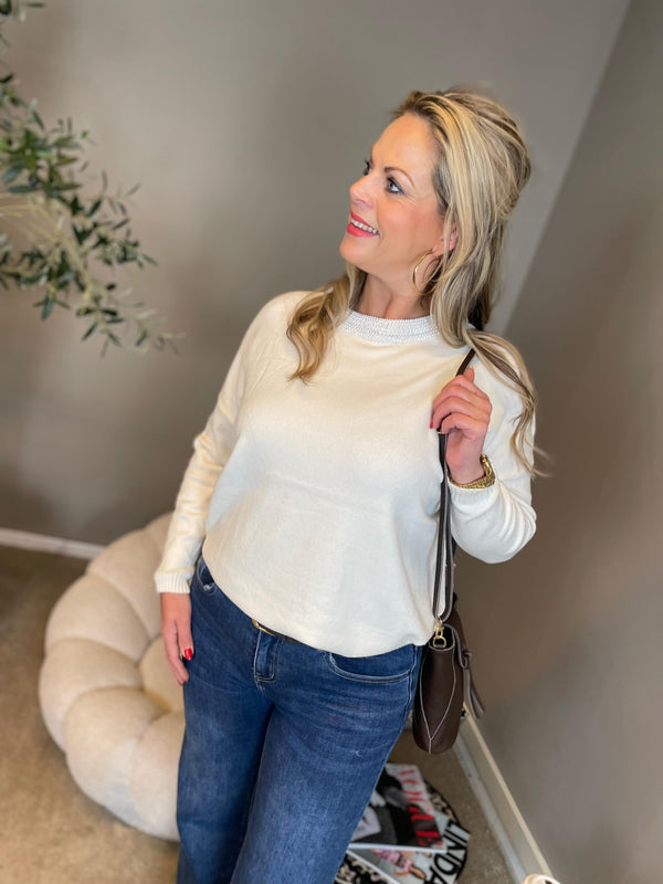 Trui glitter hals beige